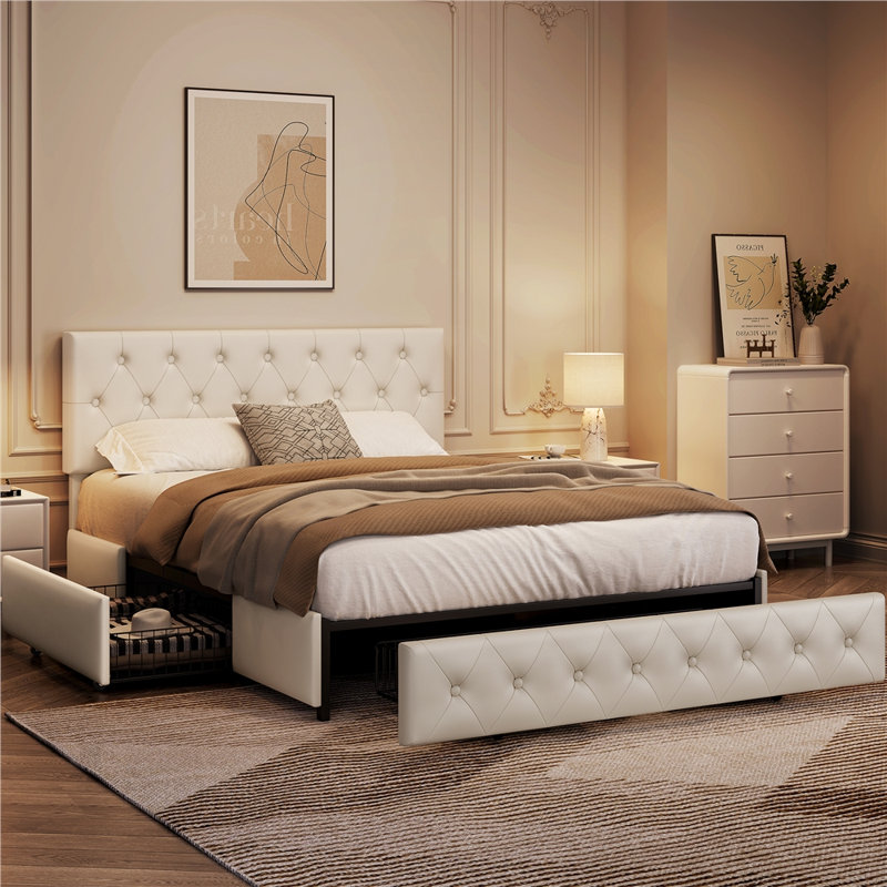 Sorel Vegan Upholstered Platform Bed Frame with Storage and Adjustable Headboard, Queen, Beige