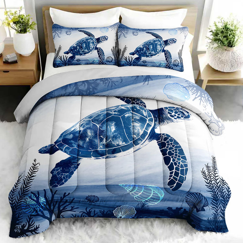 Ensemble d'édredon Ocean Turtle, ensemble de literie Sea Life avec 2 taies d'oreiller, literie douce et lavable à la machine, édredon toutes saisons