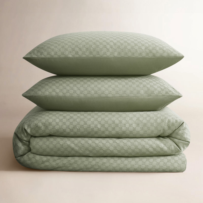  Texture tissée crème, Édredon simple TG + 1 taie décorative standard, Vert