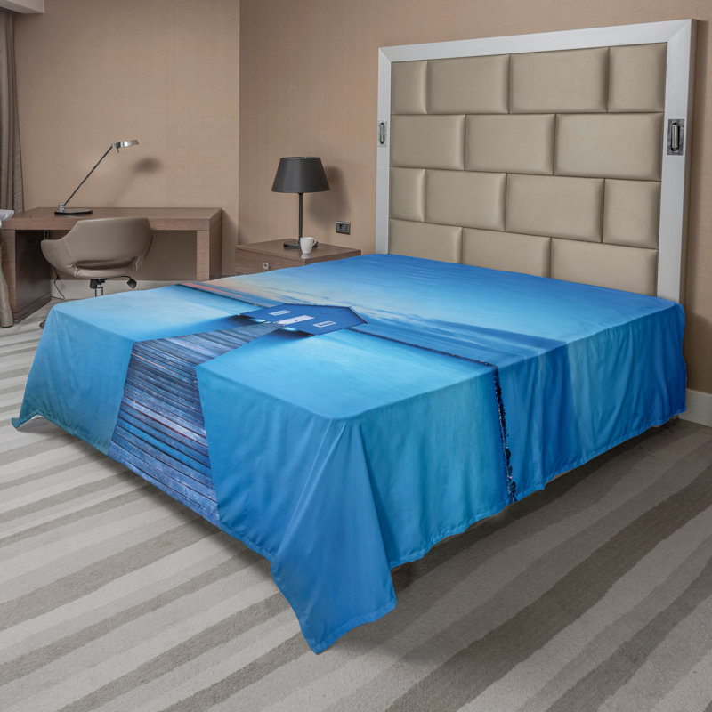 Ambesonne Nature Top Flat Sheet Sunrise Lakehouse Cabin Blue Orange Grey, California King Flat Sheet