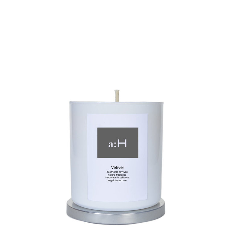 A: H Bougie parfumée en verre vétiver avec support en verre, 1