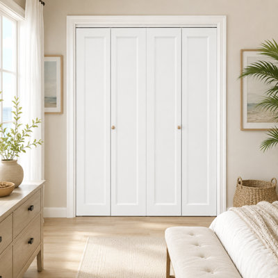 Porte pliante en bois manufacturé à panneau blanc apprêté blanc avec trousse de quincaillerie d'installation (garde-manger, porte de placard)
