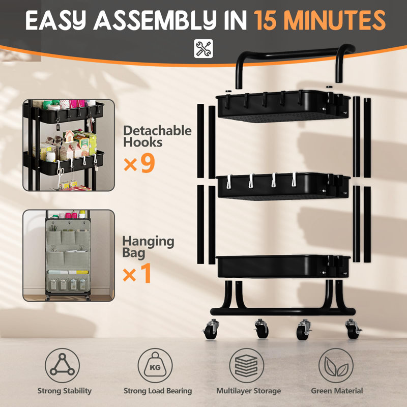 3 Tier Utility Rolling Cart with Side Bags and 9 Hooks