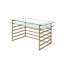 Bureau d'écriture rectangulaire contemporain avec tablette en verre transparent, base en métal doré antique, espace de rangement à un compartiment ouvert avec verre