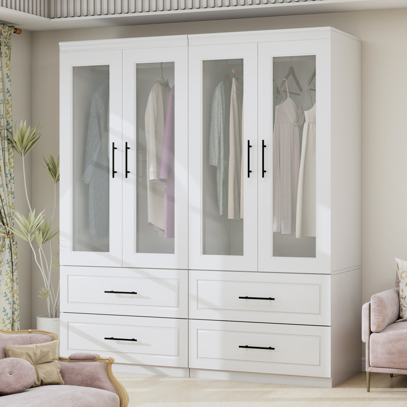 Armoire-penderie 4 portes avec tiroirs, blanc