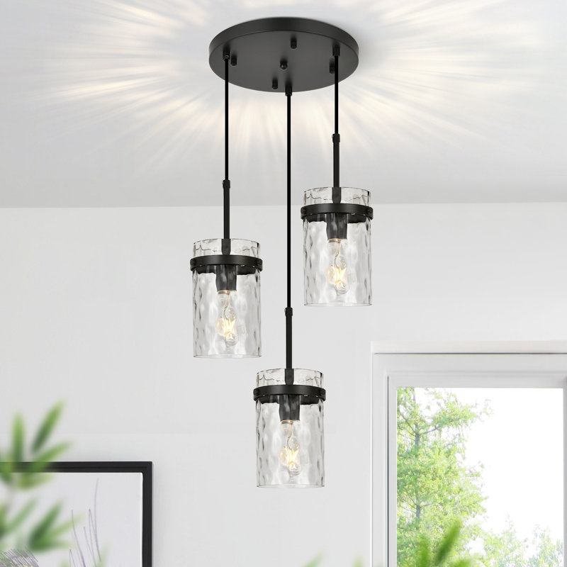 Plafonnier semi-encastré 3 lumières avec abat-jour en verre à motif d'eau de 5,1 po de largeur, Noir mat