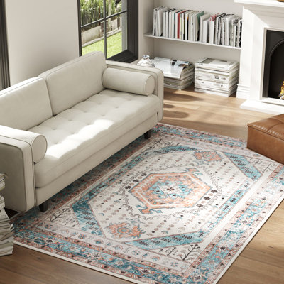  Vintage Machine Washable Rug, Non-Slip Floor Carpet for Living Room, Bedroom, Dining Room, Home Office, Brown and Blue