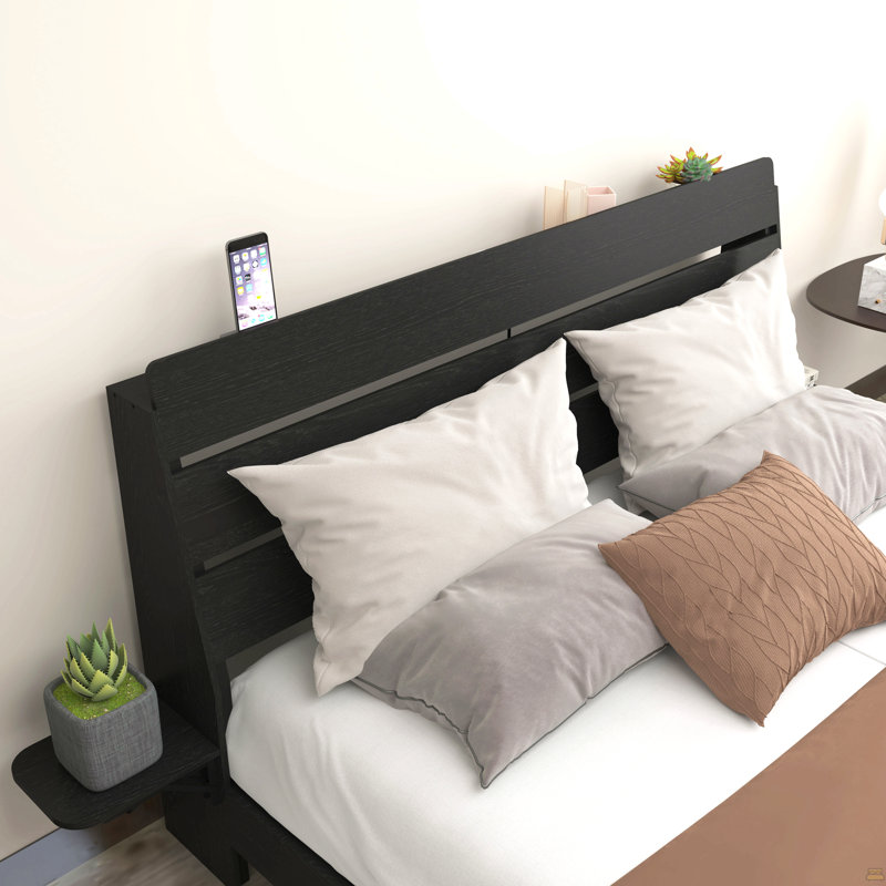 Cadre de lit flottant grand avec lumières DEL et station de charge, cadre de lit grand en bois avec tête de lit