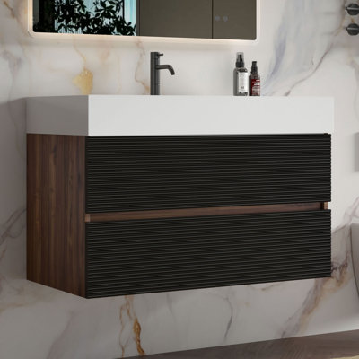 Meuble-lavabo mural avec surface solide et 2 tiroirs à fermeture en douceur