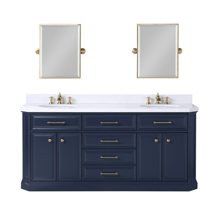 Palace 72 In. Double Sink White Quartz Countertop Vanity In Monarch Blue With Waterfall Faucets And Mirrors