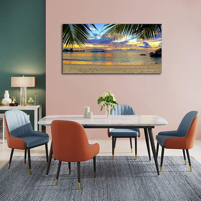 Canvas Wall Art - Tropical Beach Sunset Palm Tree Leaves Large Nature Canvas Pictures Coast Landscape Contemporary Wall Art For Living Room Home Office Wall Decor 20" X 40"