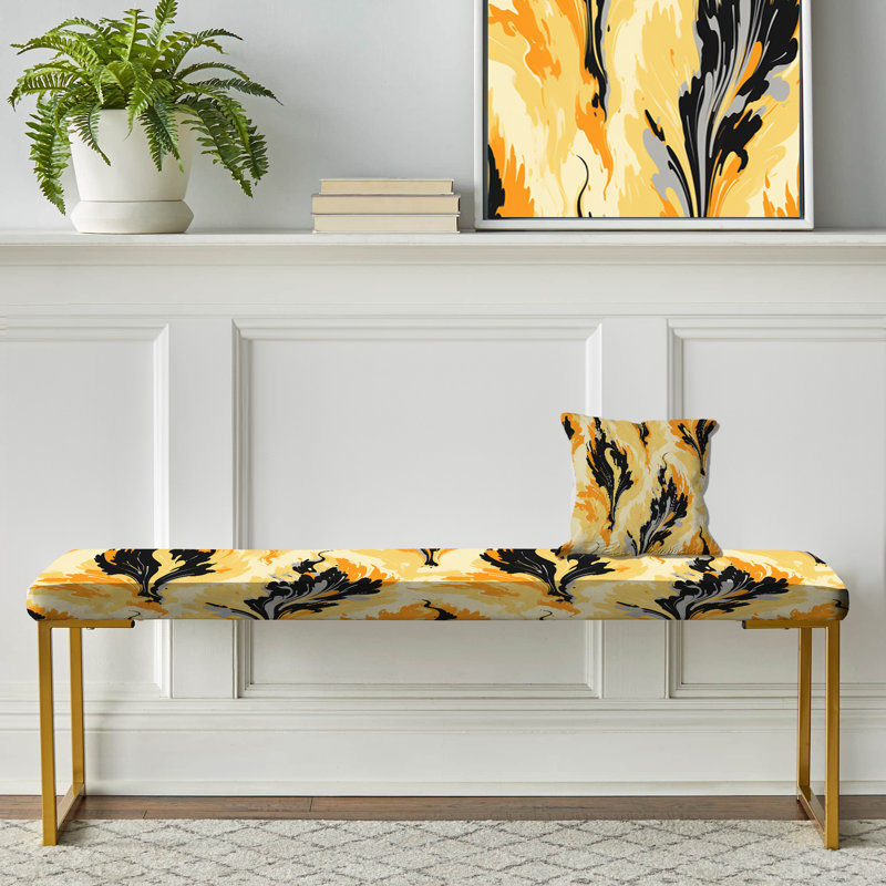 Yellow And Black Vintage Ikat Nostalgia - Ikat Upholstered Gold Bench