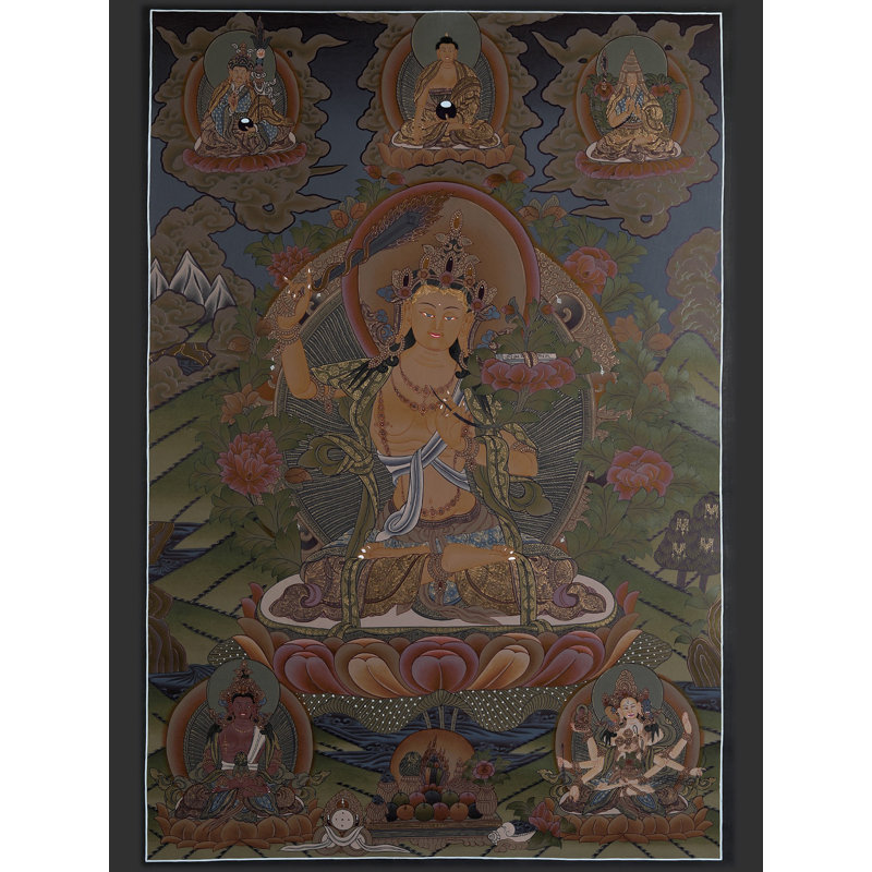 Manjushri (Thangka sans brocart) | Or pur 24 carats avec peinture acrylique