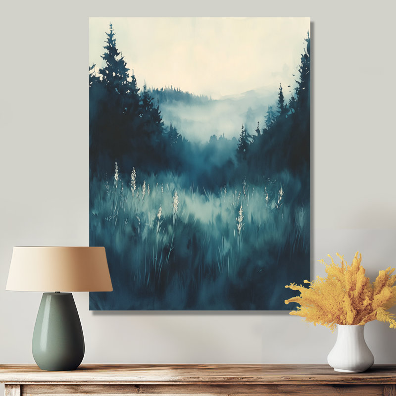 Forêt de pins bleu brumeux - Décoration murale en métal, H 20 po x l 12 po