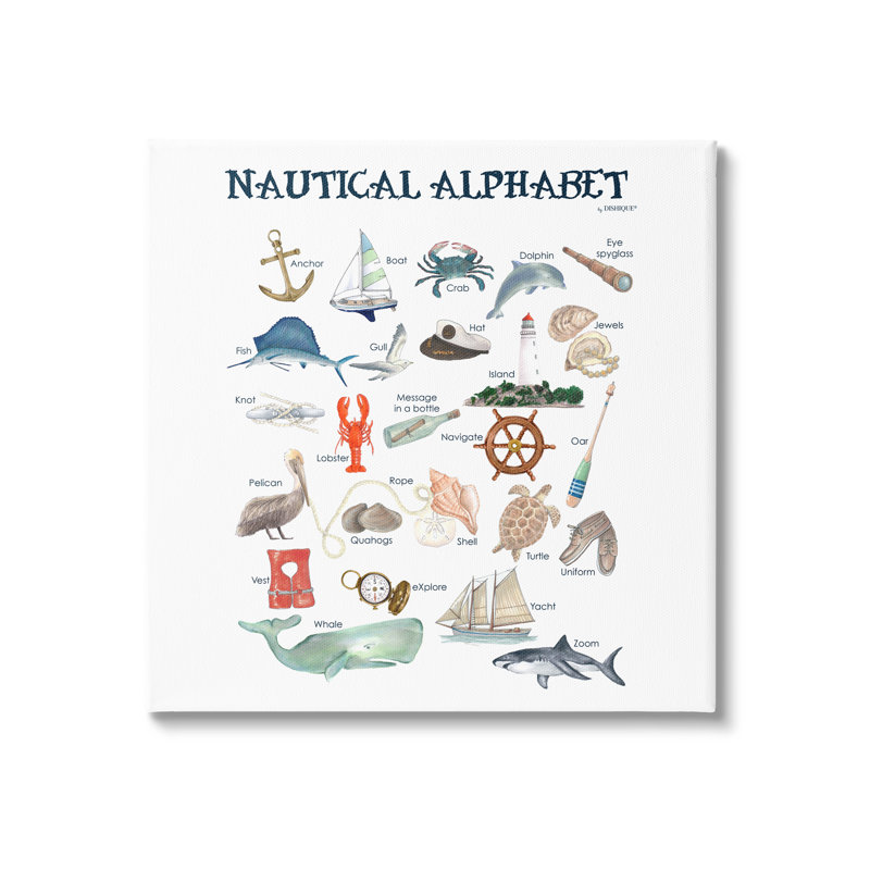 Éducatif, tableau d'apprentissage de l'alphabet nautique, faune marine par vaisselle - Impression sur toile non encadrée