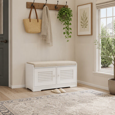 Banc de rangement à chaussures 29,5 "avec armoire à 2 portes, banc d'entrée avec rangement à chaussures blanc, banc à chaussures avec coussin, tablettes réglables