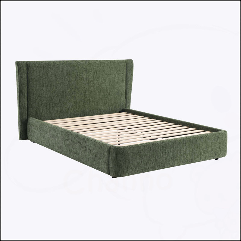Lit double en chenille vert foncé Cheryl avec assemblage sans outil et support robuste, parfait pour les chambres modernes