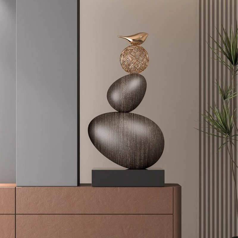 Sculpture abstraite en fibre de verre de style Wabi-Sabi, 29,53 pouces, brun et or, aspect pierre.