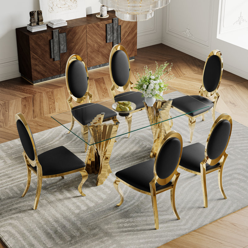 7- Piece Dining Set, Gold, Black/Gold