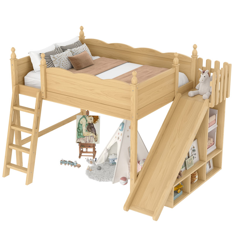 Lit mezzanine double en bois massif avec glissade, échelles et tablettes de rangement, armoire, lit mezzanine naturel pour enfants, sans sommier