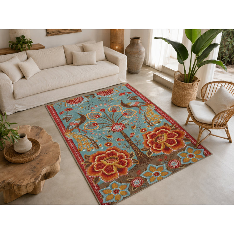 Blue Themed Multicolored Tree Rose And Peacock Patterned Vintage Decorative Rug, Rectangle 2'4" x 4'