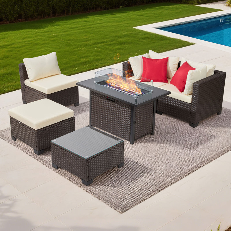 Ensemble de conversation de jardin 6 pièces, ensemble de conversation modulaire en rotin et osier avec table de foyer au propane 50000BTU, canapés rembourrés, table basse et repose-pieds pour la cour