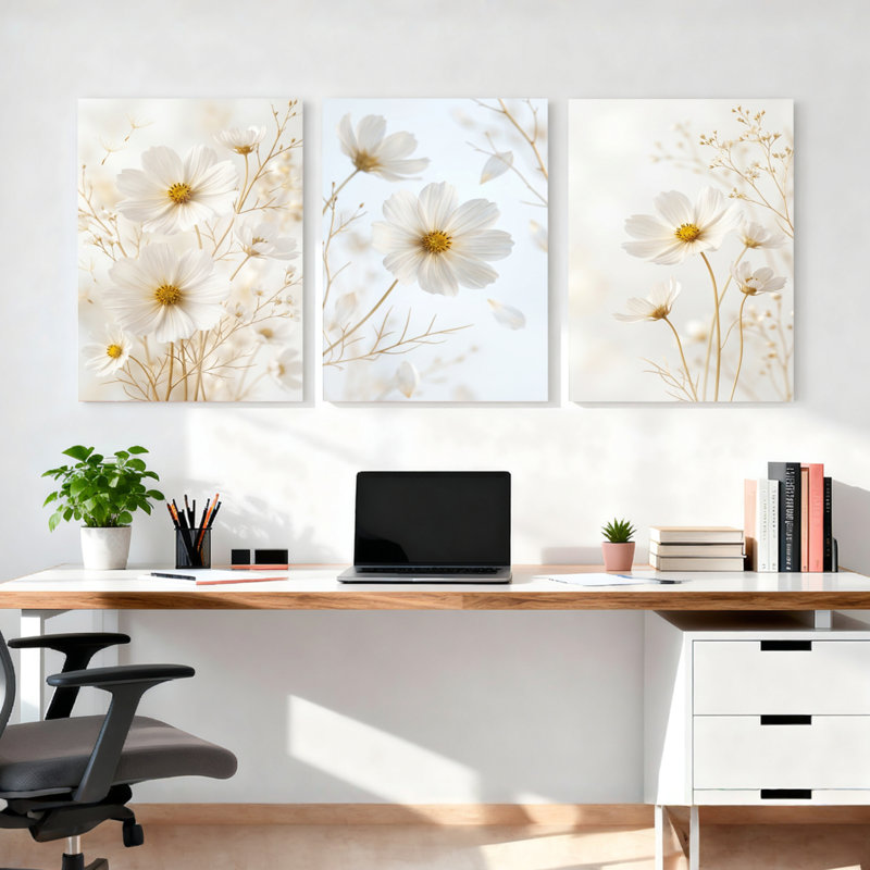 Ensemble de 3 tableaux muraux sur toile à motifs de marguerites blanches, pour la décoration du salon et de la chambre.