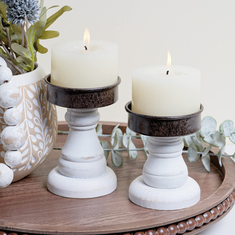 Ensemble de 2 piédestaux décoratifs en bois rustique avec plaque galvanisée, Brun foncé / blanc