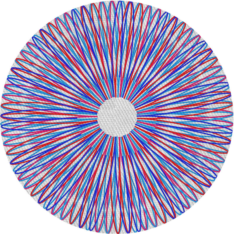 Tapis bleu/rouge à motifs, Rond 5 pi