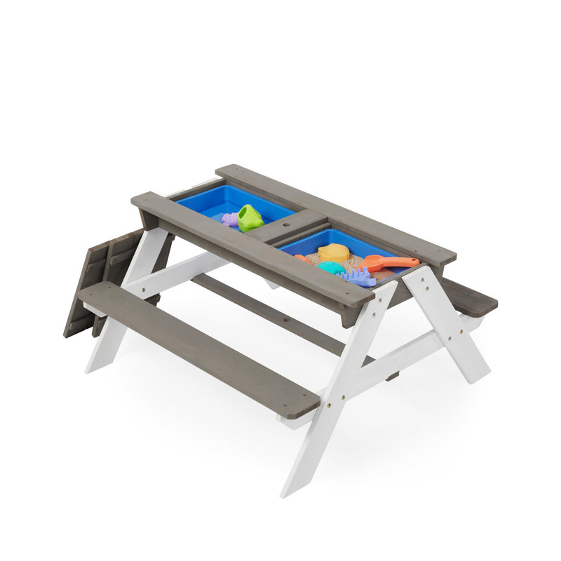 Outdoor Wooden ' Picnic Table With Adjustable Umbrella - 31 Convertible Sand & Water Table, Gray, Long-term Use Natural Wood Detachable Activity Made