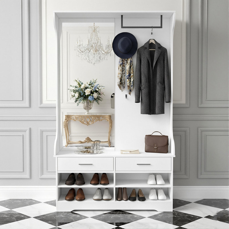 104cm Hall Tree With Storage Bench And Mirror, Entryway Coat Rack With 4 Hooks, Drawers & Shoe Storage, White