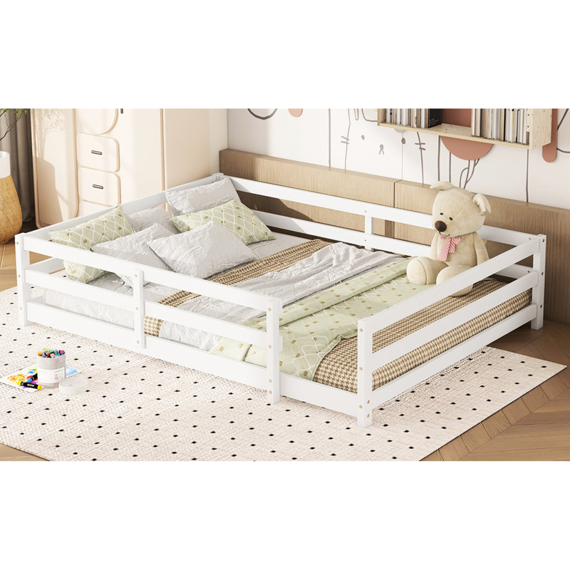 White Pine Full Size Floor Bed With Fence, Multi - Function, Easy To Assemble And Comfort Wood In White, Fence For , Quick Assembly