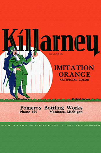 « killarney imitation orange »-publicité rétro, H 36 po x l 24 po x P 1,5 po