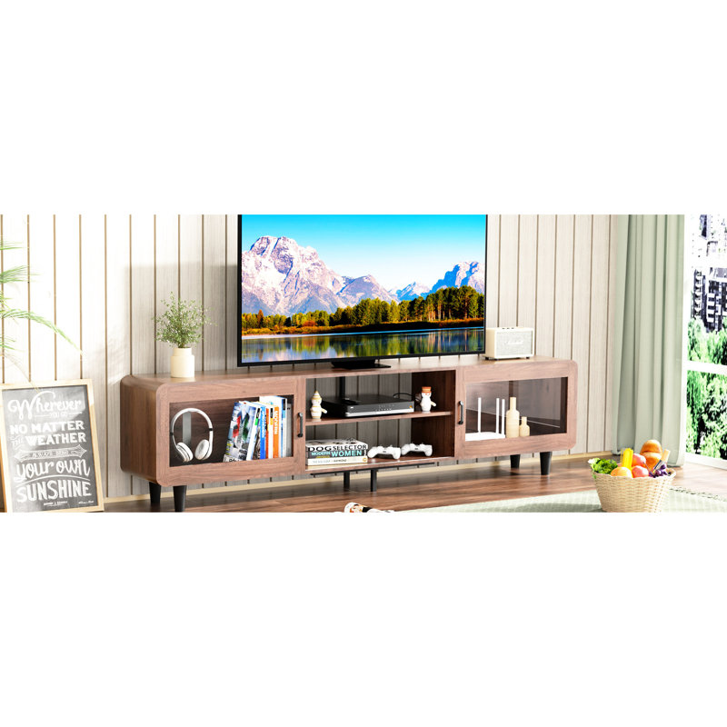 Console de télévision en bois de noyer avec portes coulissantes, prises de courant et support de rangement Mid-Century de luxe en noyer, 2 ports AC, portes