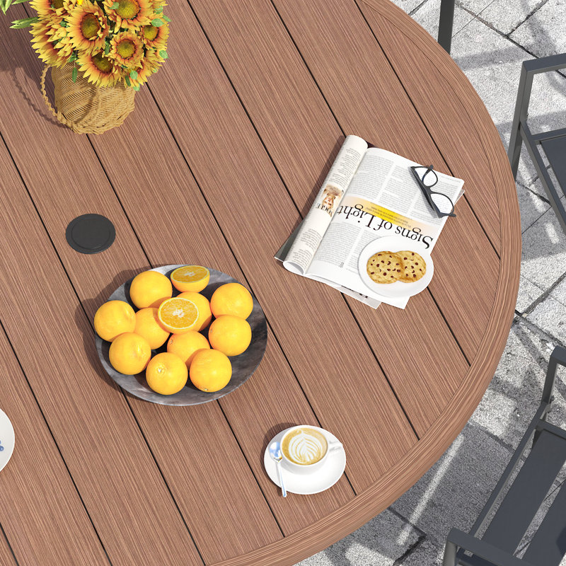 8 - Person Round Outdoor Dining Set With Metal Armrest Chairs, Walnut/Black