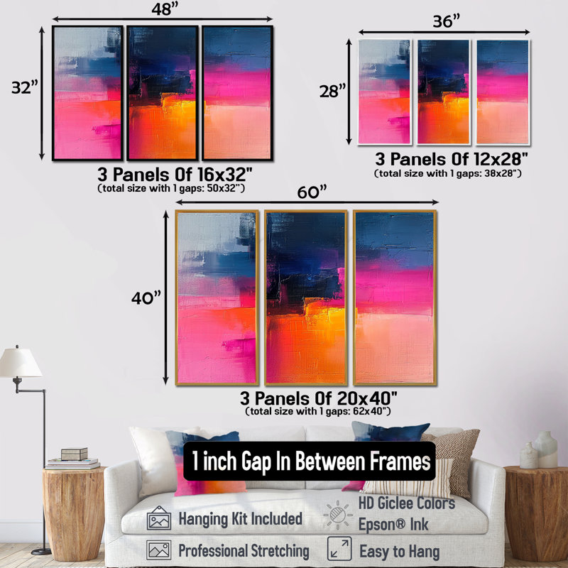 Fuchsia lever de soleil - ensemble d'art abstrait mural, Encadrement argenté, H 40 po x l 60 po x P 1 po