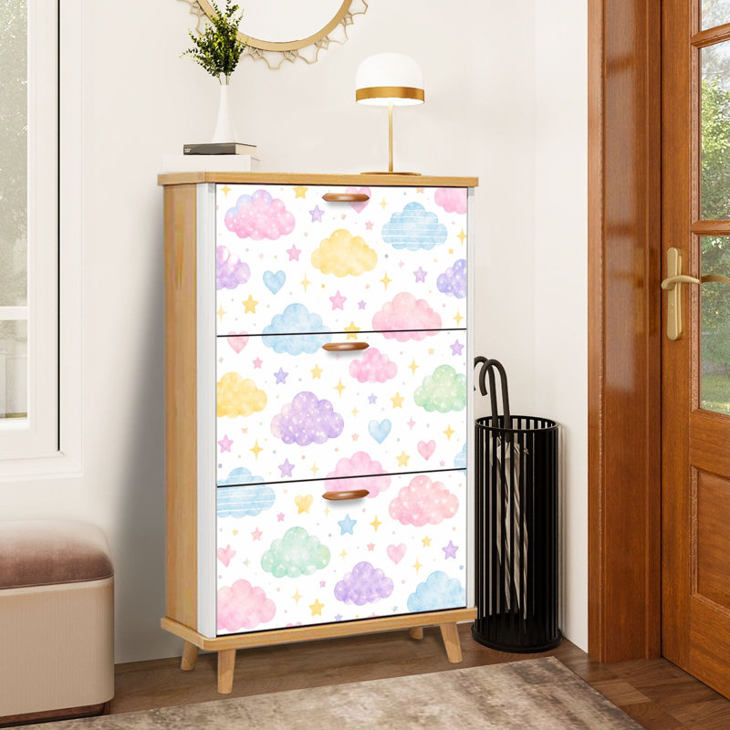 Shoe Storage Cabinet with 3 Flip Drawers for Pastel Watercolor Clouds Stars Hearts Shoe Rack Storage Organizer