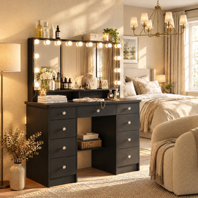 43.3" W Makeup Vanity Desk with 9 Drawers, Tri-Fold Mirror and 15 LED Bulbs