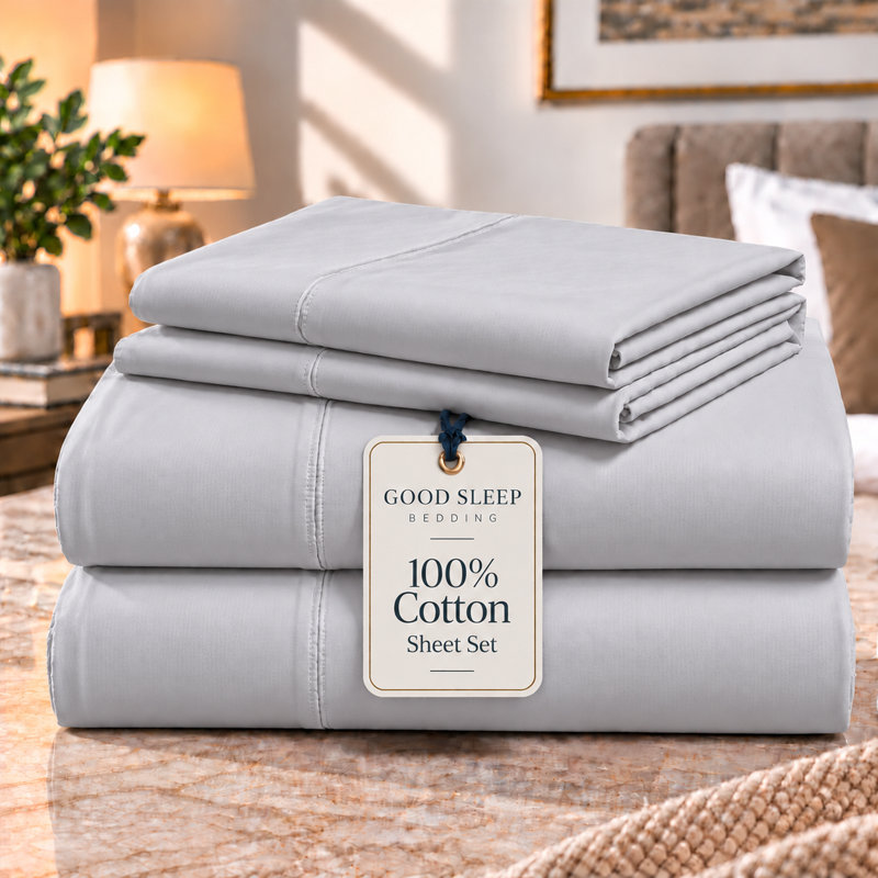 Ensemble de draps 4 pièces, 100 % coton, 800 fils/cm², format California King, gris pâle, California King, Light Grey