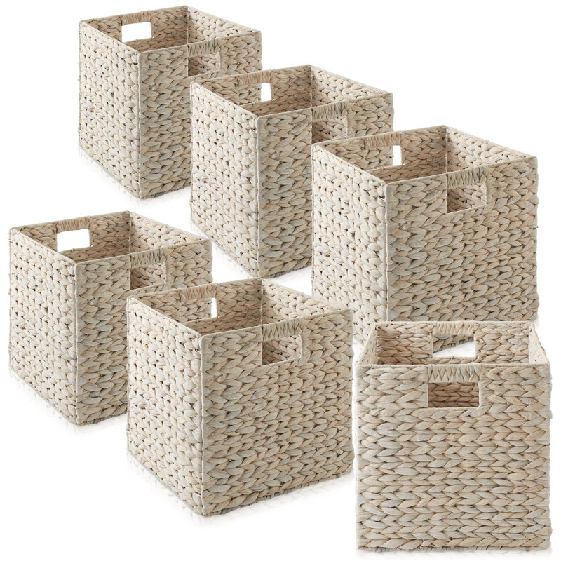 Hyacinth Storage Shelf Cubes - Whitewash Wicker Baskets - Set of 6, 12" H x 12" W x 12" D