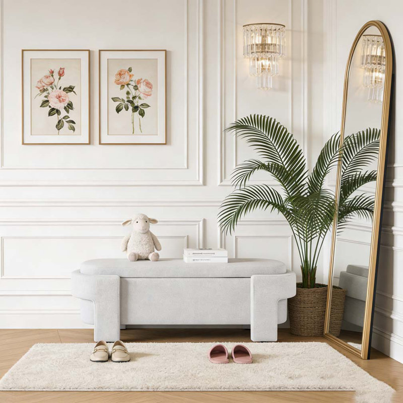Banc rembourré avec grand espace de rangement, Blanc