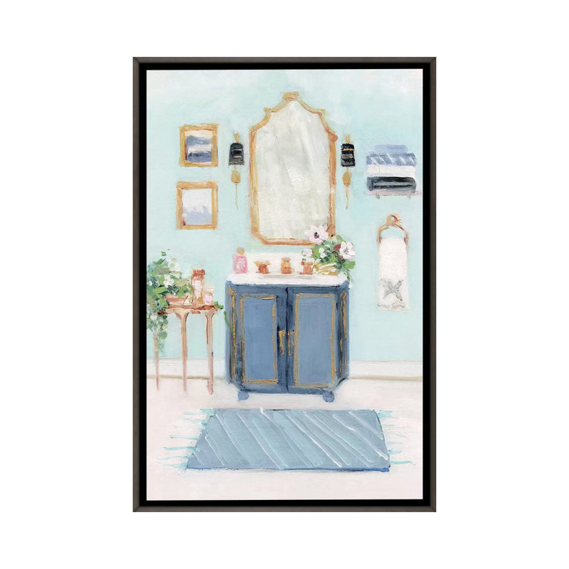 «Blue Bath II» par Sally Swatland - reproduction d'art, H 60 po x l 40po x P 1,5 po, Toile encadrée de bois rustique foncé
