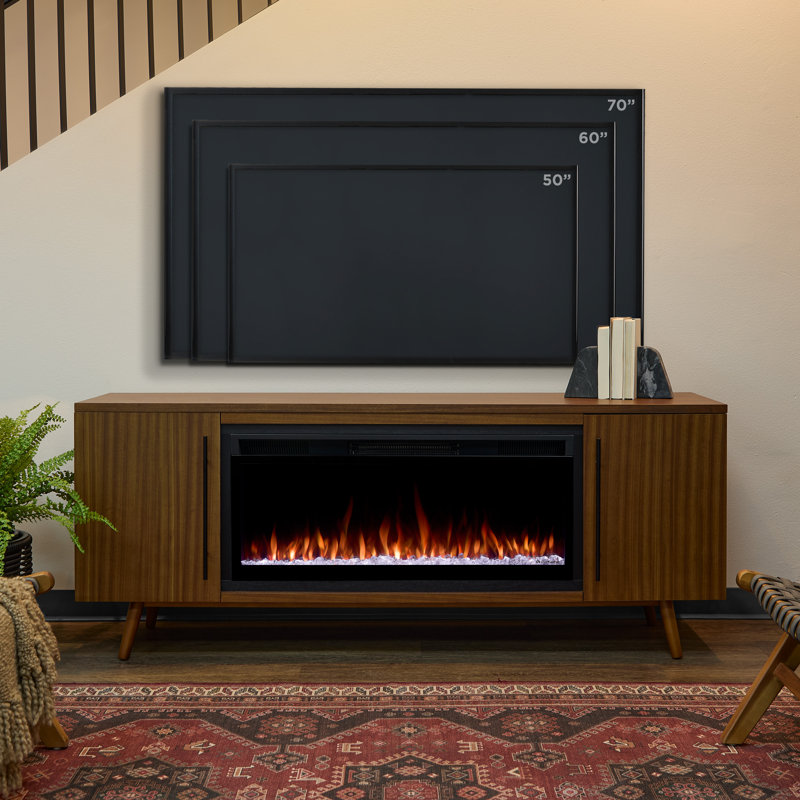 Morris 72" Mid-Century TV Stand with Electric Fireplace by Real Flame, Vintage Black Maple, Smart