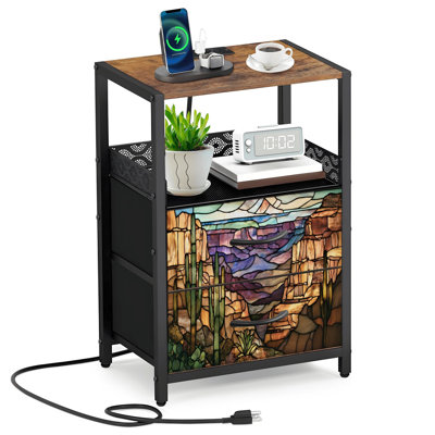 Table de chevet 2 tiroirs en tissu avec station de charge Table de chevet de chambre à coucher Western Canyon avec ports ouverts et prises USB