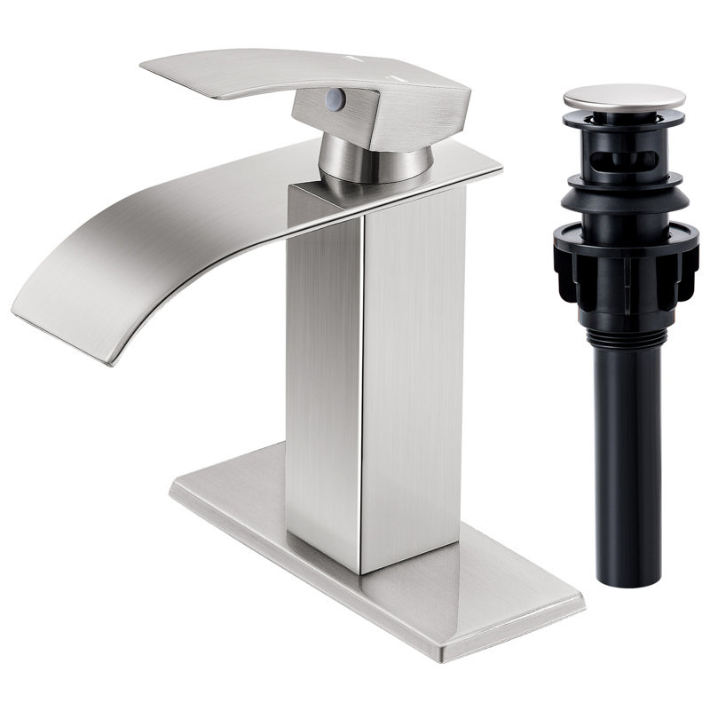 Brushed Nickel Single-Handle Low Arc Bathroom Faucet with Drain
