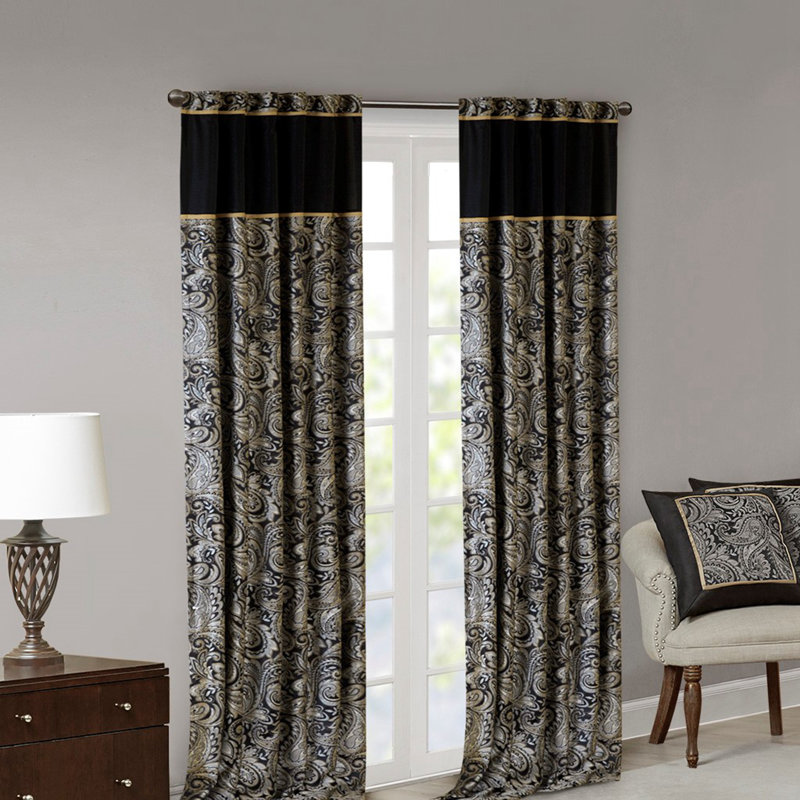 Black Faux Silk Jacquard Light-Filtering Curtain Panel Pair