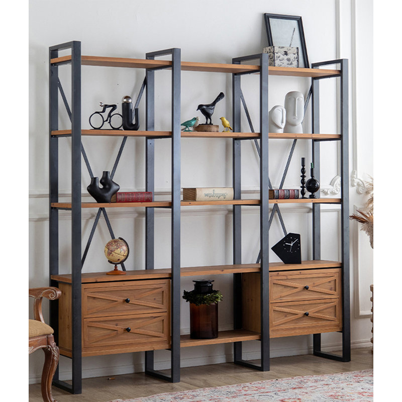 Wood and Metal Combination Bookshelf with Drawers