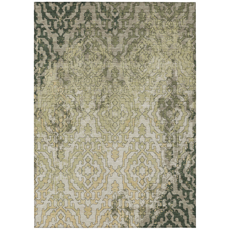 3' X 5' Artichoke Green And Beige Medallion Washable Indoor Outdoor Area Rug