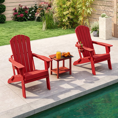 3-piece Hdpe Adirondack Chair Set With 2-tier Side Table – Foldable Outdoor Lounge Chairs With Cup Holders, All-weather Poly Lumber Patio Furniture For Garden, Porch & Poolside