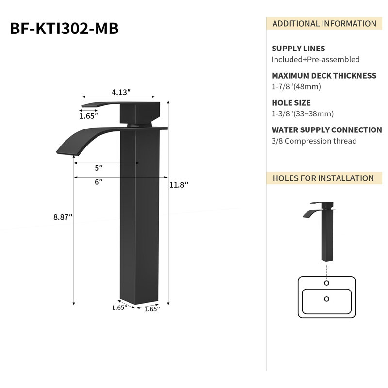 Single Hole Bathroom Faucet with Drain Assembly, Matt Black
